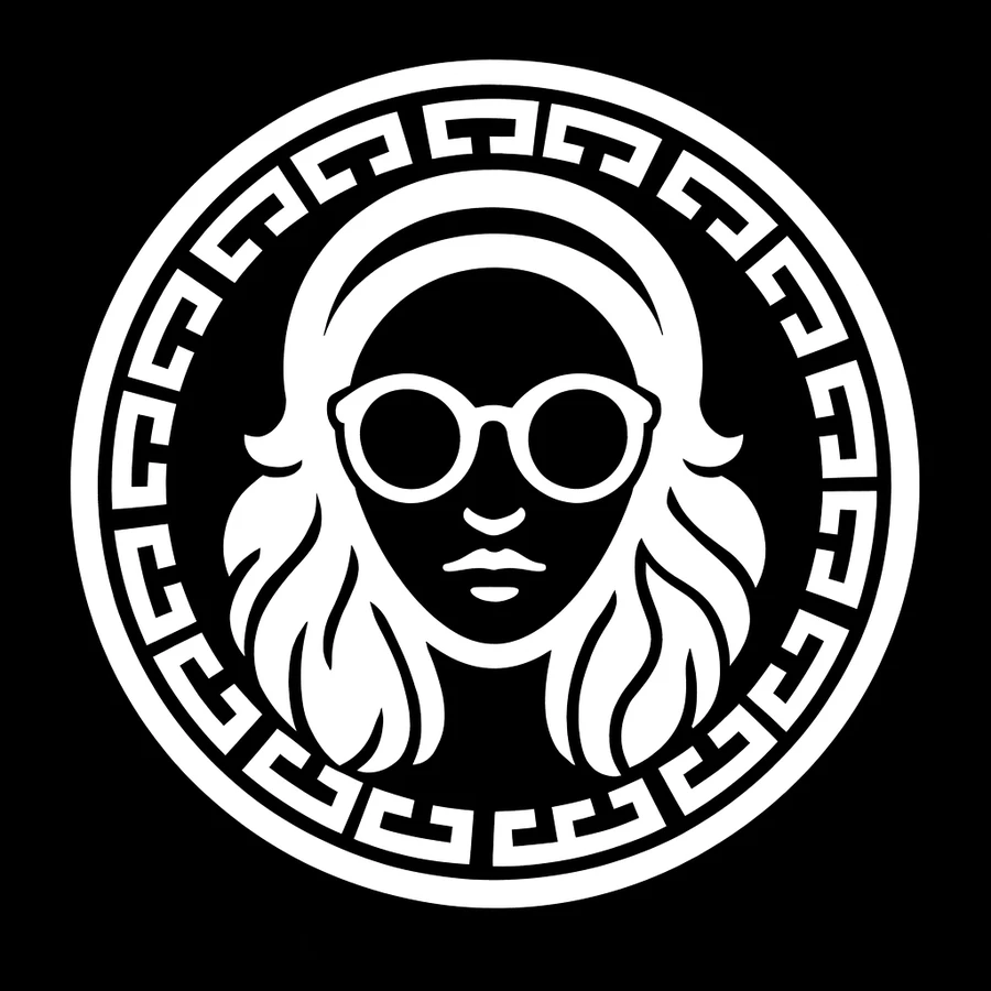 The Hairglasses medallion, complete: a face between the hair and the round glasses, inside a Greek key border.